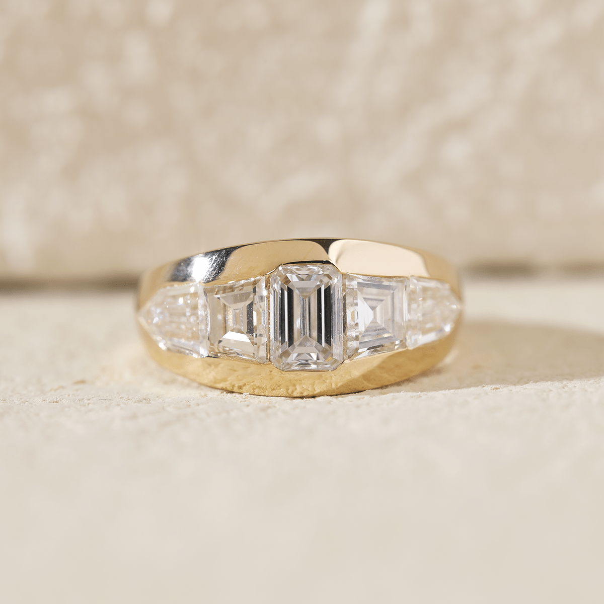 Emerald - Cut Lab Diamond Five - Stone Bezel - Set Ring with Tapered Step - Cut and Bullet - Cut Side Stones - FIORESE JEWELRY