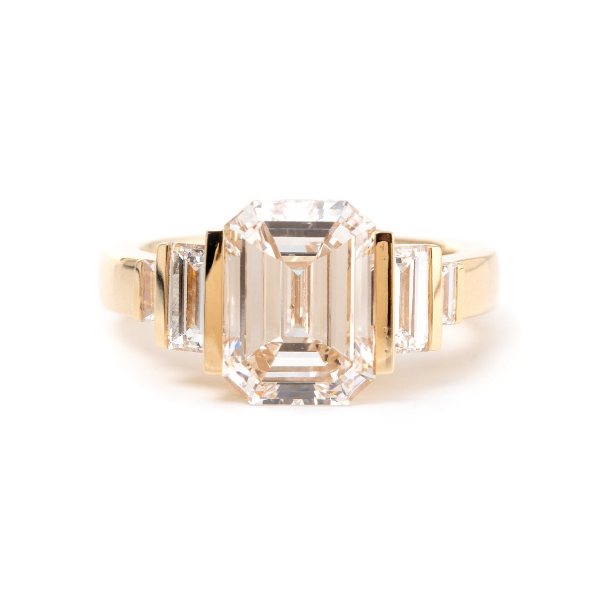 Emerald Cut Lab Diamond Half - Bezel Five - Stone Ring with Baguette Side Stones - FIORESE JEWELRY