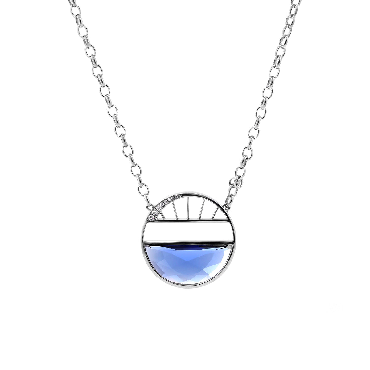 Half - Moon Crown Flower Blue Lab Sapphire Pendant Necklace - FIORESE JEWELRY