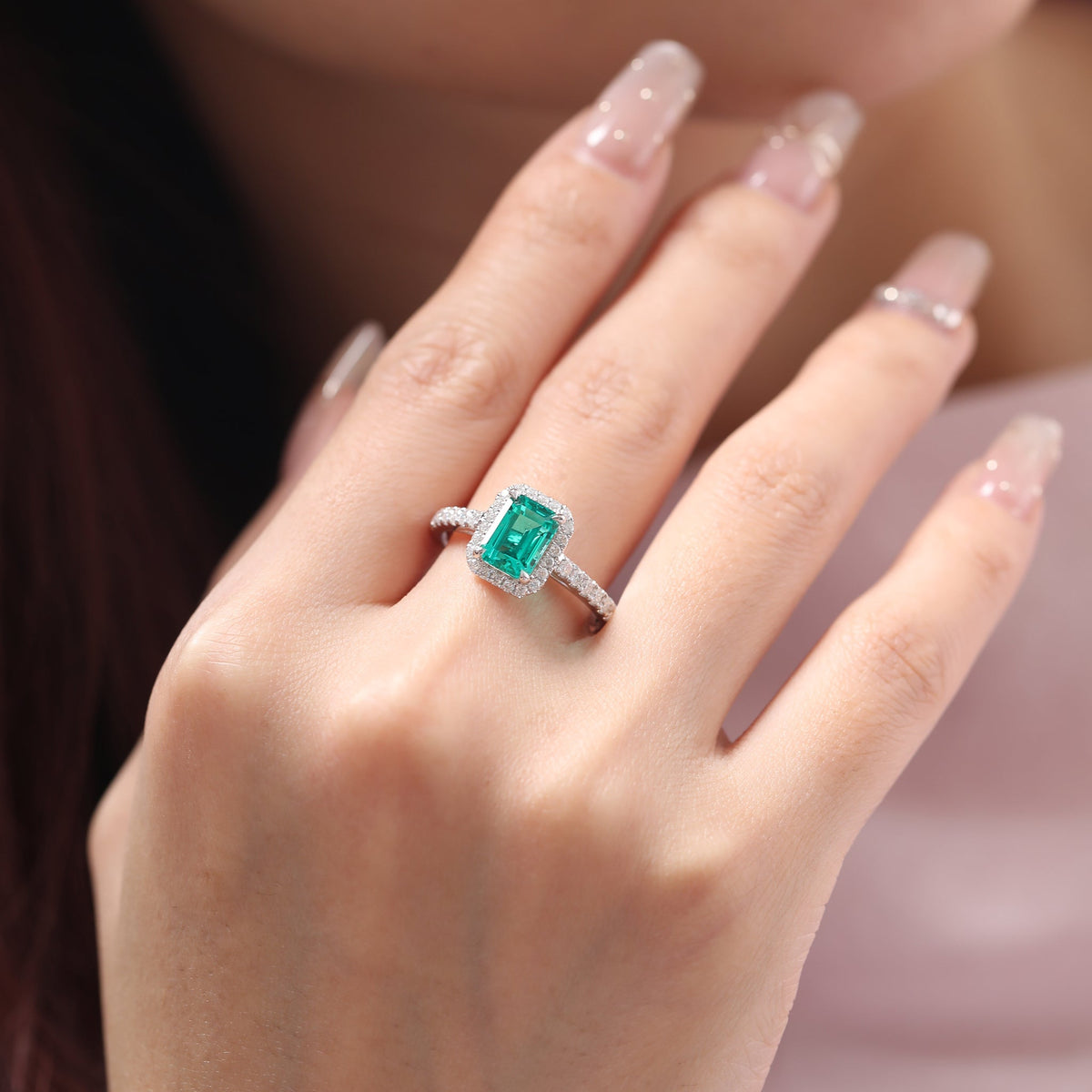 Lab Colombian Emerald Halo Ring with Floating Design - FIORESE JEWELRY