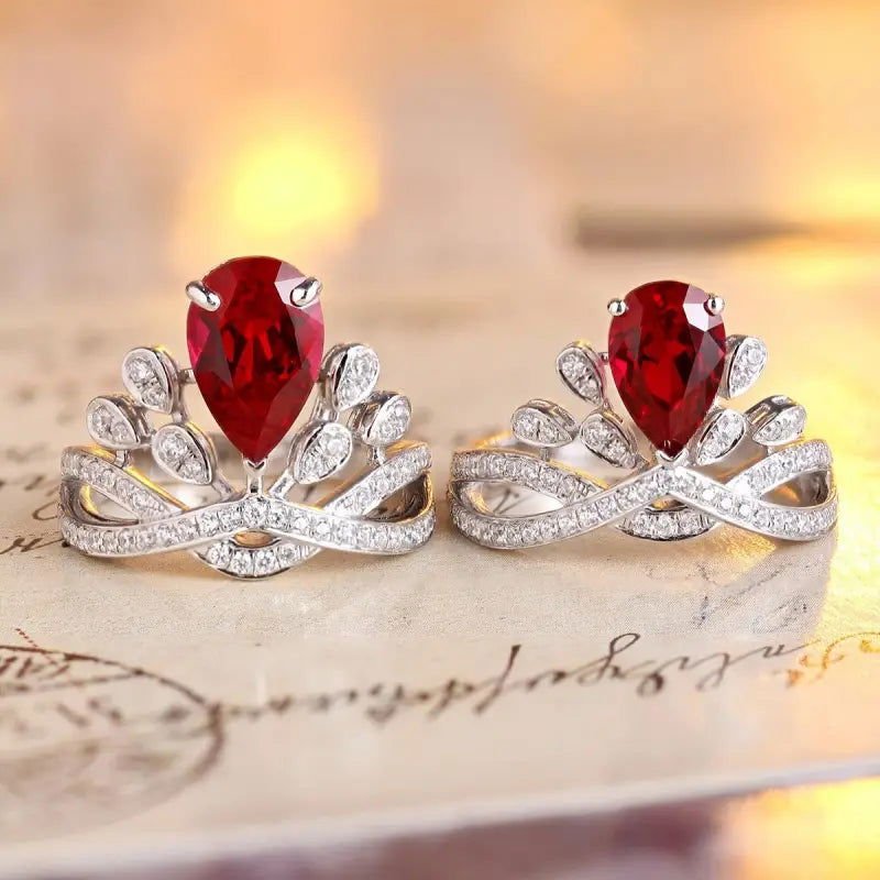 Leaf Crown 2.7 Ct Pear Cut Lab Ruby Engagement Ring - LGG Jewelry