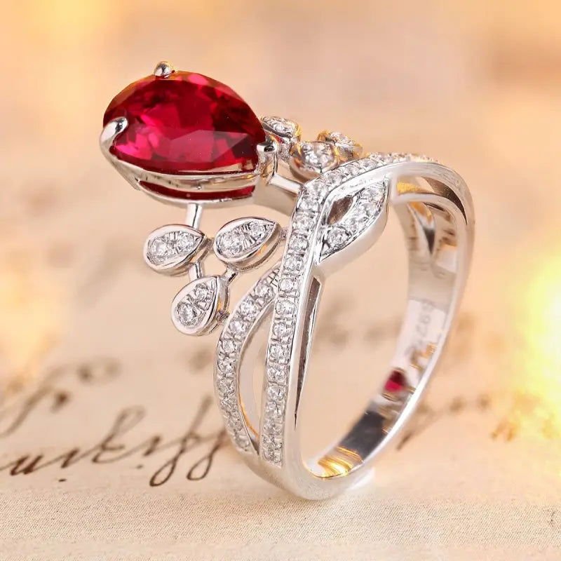 Leaf Crown 2.7 Ct Pear Cut Lab Ruby Engagement Ring - LGG Jewelry