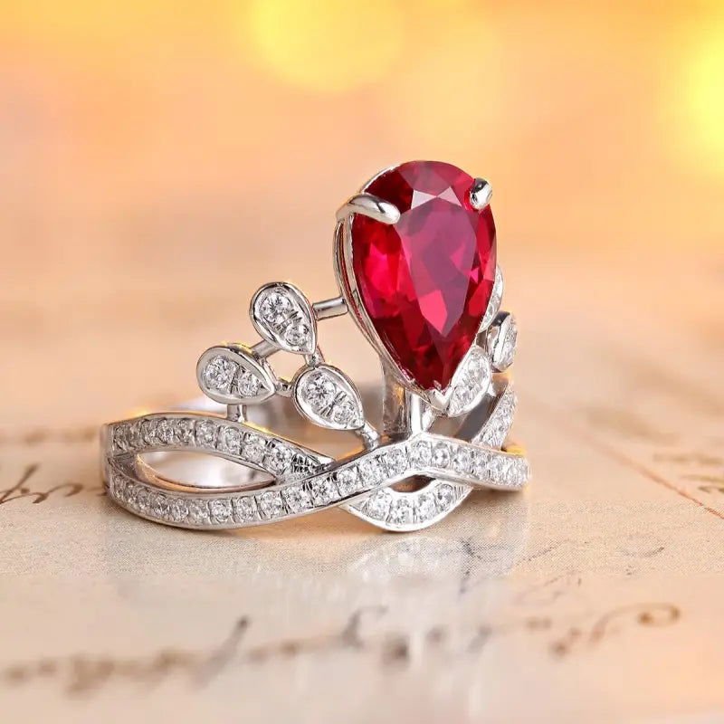 Leaf Crown 2.7 Ct Pear Cut Lab Ruby Engagement Ring - LGG Jewelry