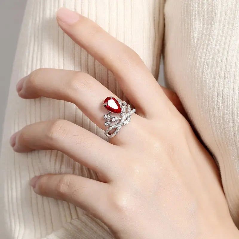 Leaf Crown 2.7 Ct Pear Cut Lab Ruby Engagement Ring - LGG Jewelry