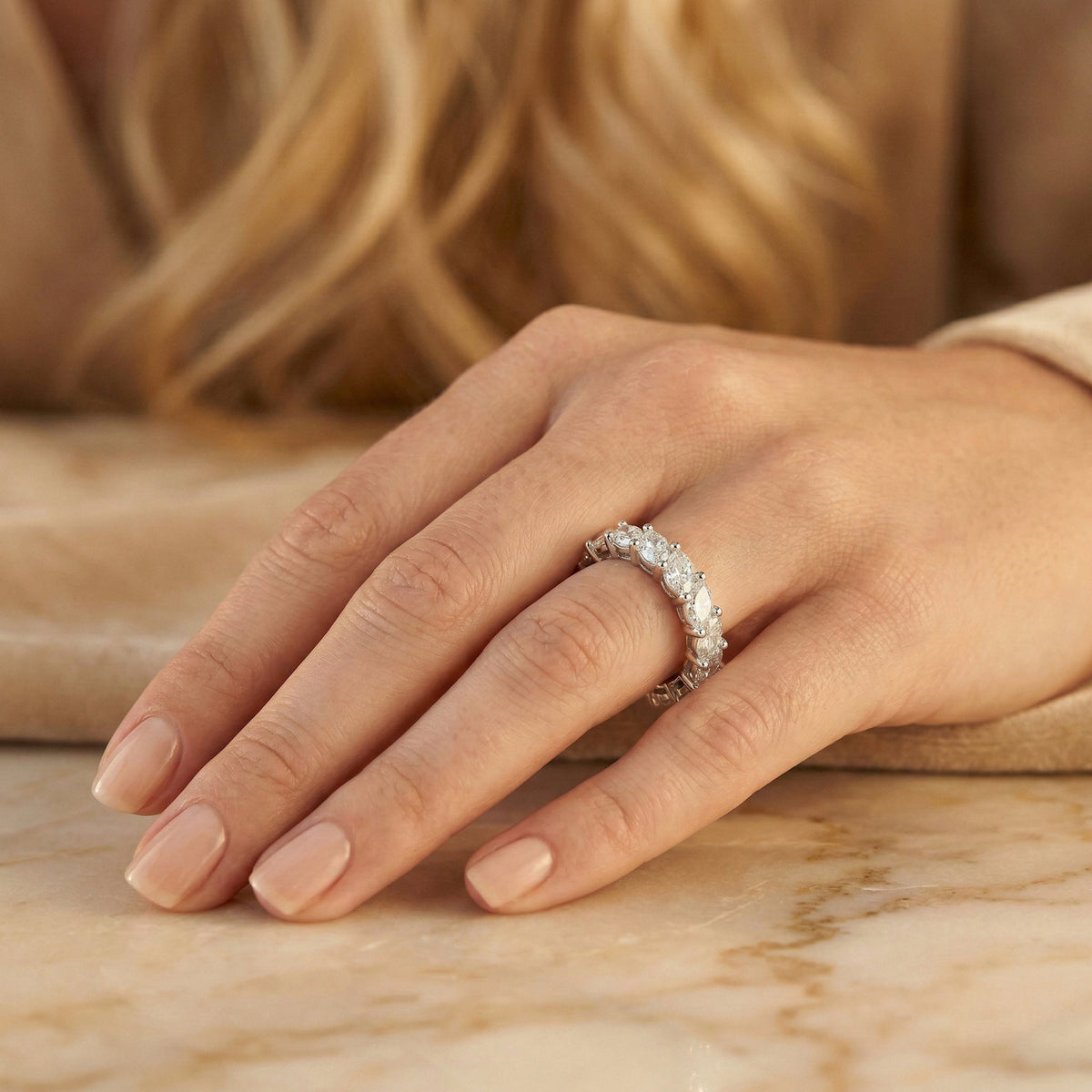 Marquise-Cut Lab Diamond 2/3 Eternity Wedding Ring with Double Claw Prongs - FIORESE JEWELRY