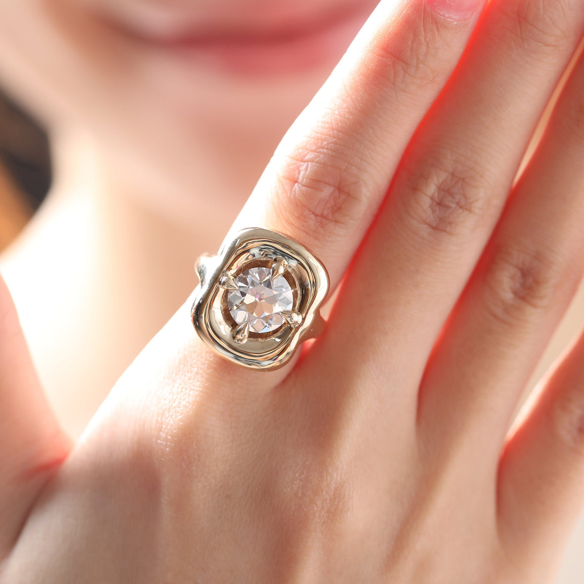 Modern Vintage Pillow Four - prong Bezel Set Old European Cut Lab Diamond Ring - FIORESE JEWELRY