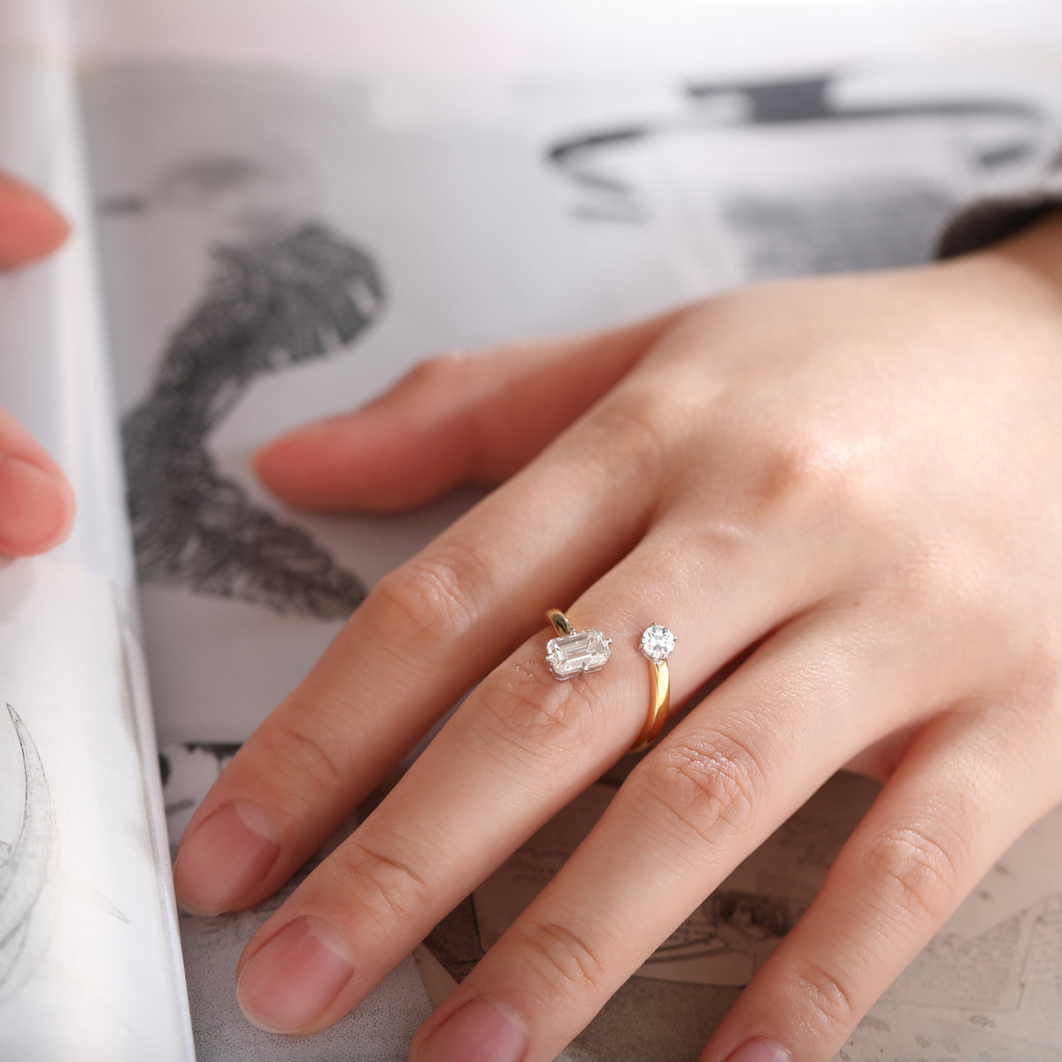 Old European - Cut & Emerald - Cut Lab Diamond Toi et Moi Ring - FIORESE JEWELRY