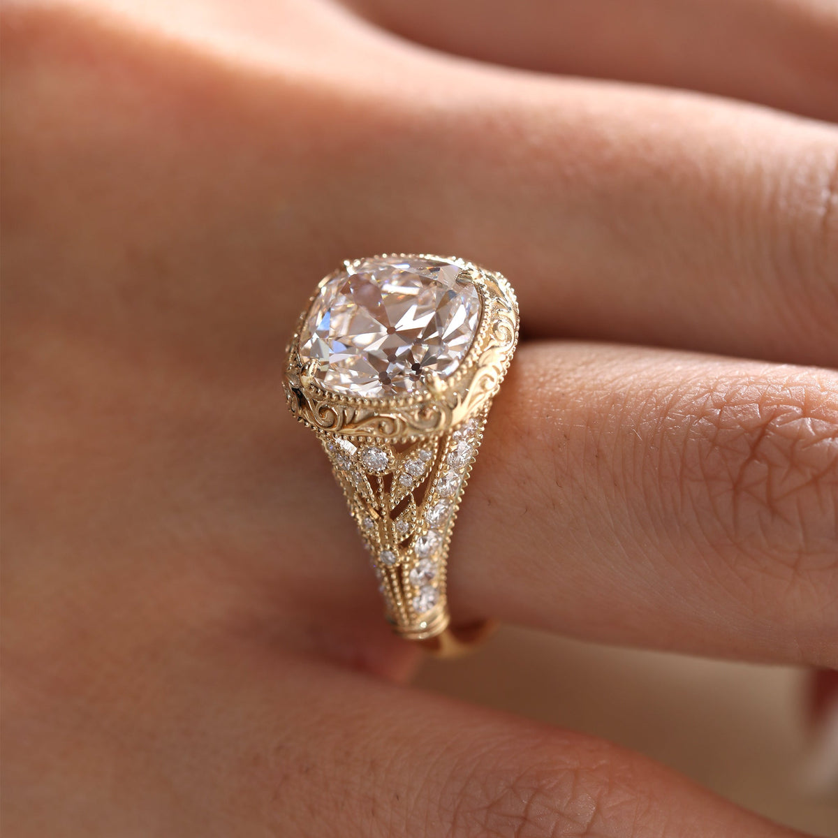 Old Mine-Cut Lab Diamond Antique-Inspired Ring with Pavé Diamond Accents - FIORESE JEWELRY