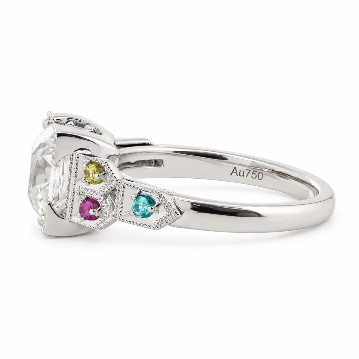 OMC Diamond Millegrain Ring with Fancy Color Gem Side Stones - FIORESE JEWELRY