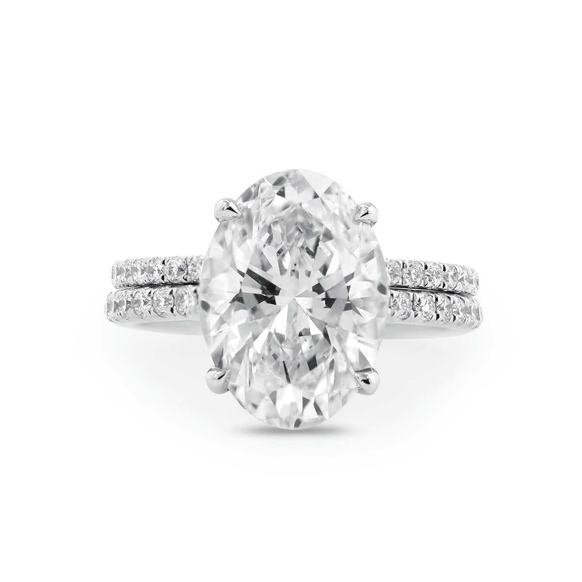 Oval Cut Lab Diamond 4 - Claw Hidden Halo Cathedral Bridal Set — Engagement Ring with U - Shaped Pavé Eternity Band - FIORESE JEWELRY