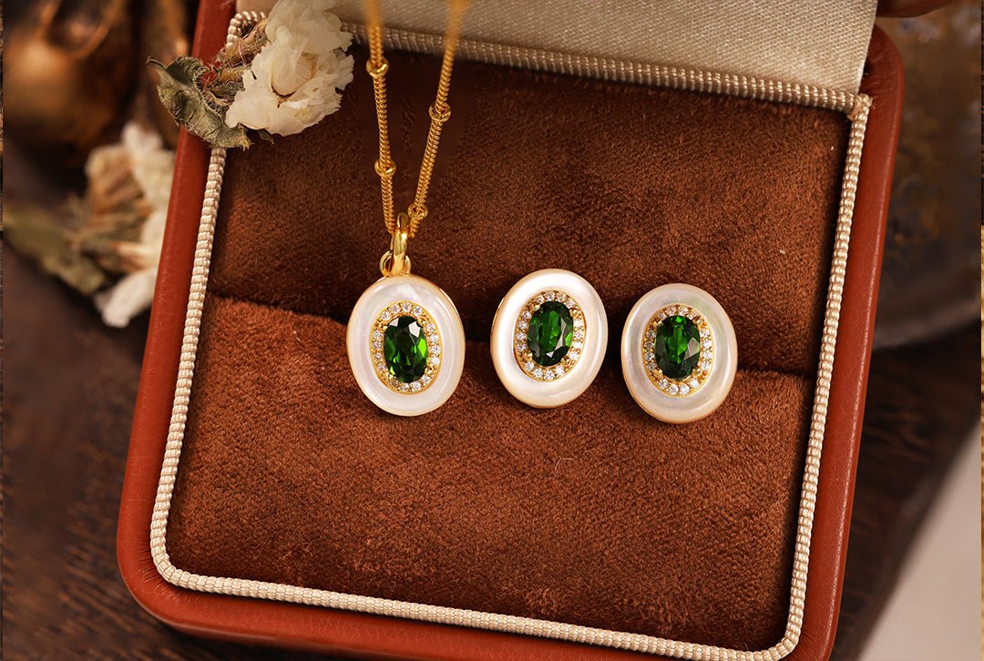 Oval Diopside & Nacre Statement Stud Earrings - LGG Jewelry