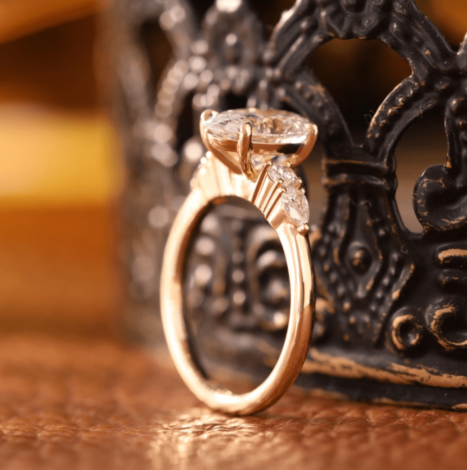 Oval Lab Diamond 4 Claw Prong Basket Ring with Round and Pear Lab Diamond Side - stones - FIORESE JEWELRY