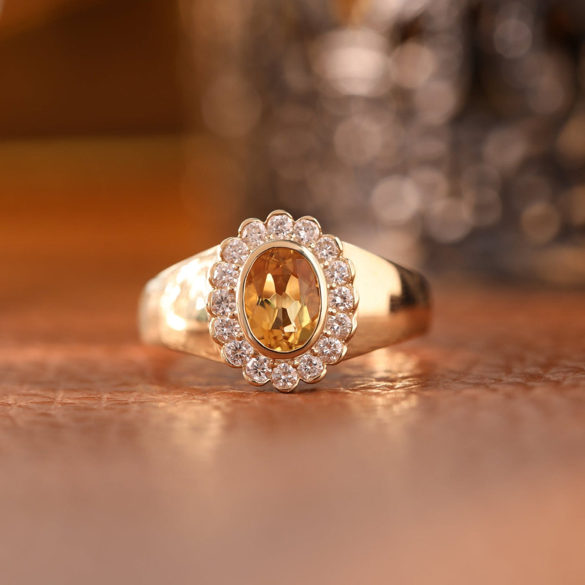 Oval Natural Citrine Flower Ring with Round Diamond Halo — Art Nouveau Nature - Inspired - FIORESE JEWELRY