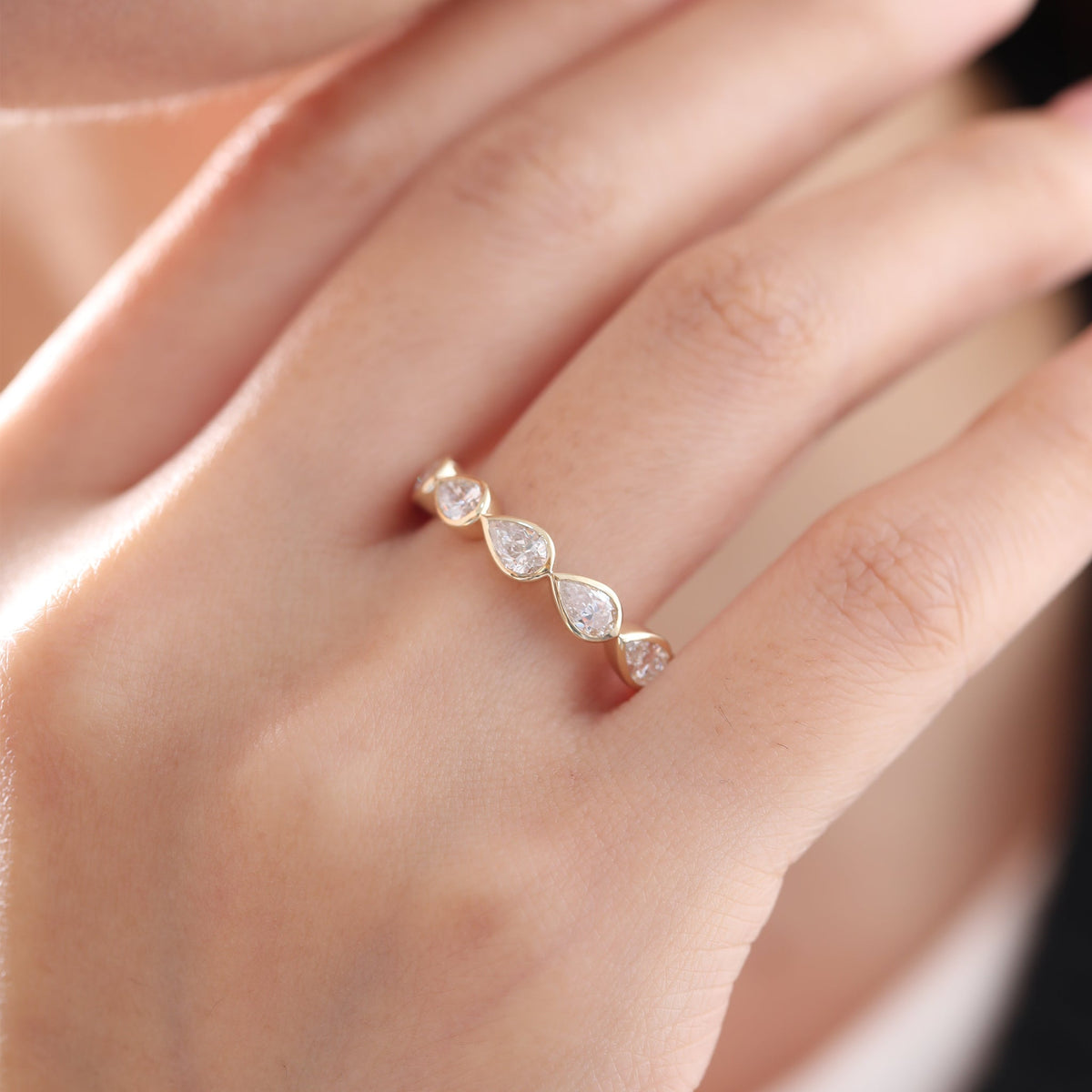 Pear-Cut Lab Diamond East-West Bezel Eternity Wedding Ring - FIORESE JEWELRY