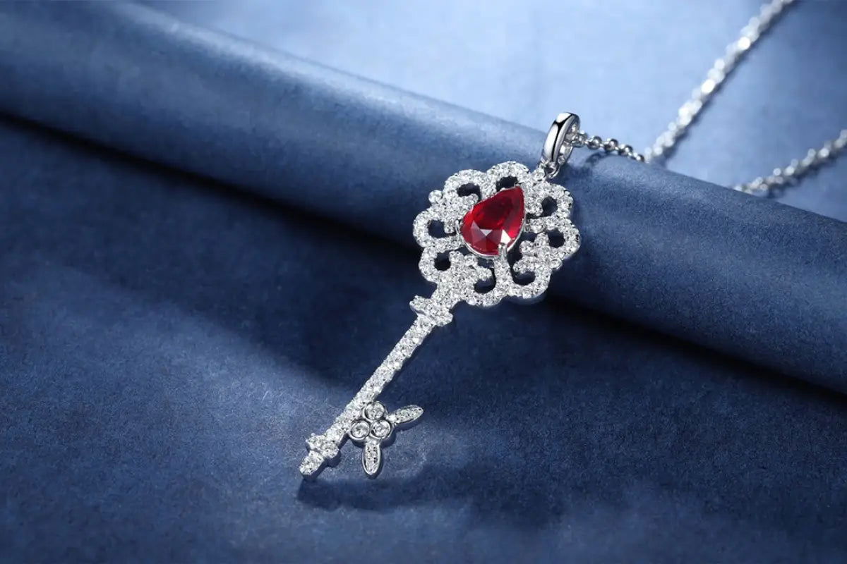 Pear Cut Lab Ruby Pave Key Pendant Necklace - LGG Jewelry