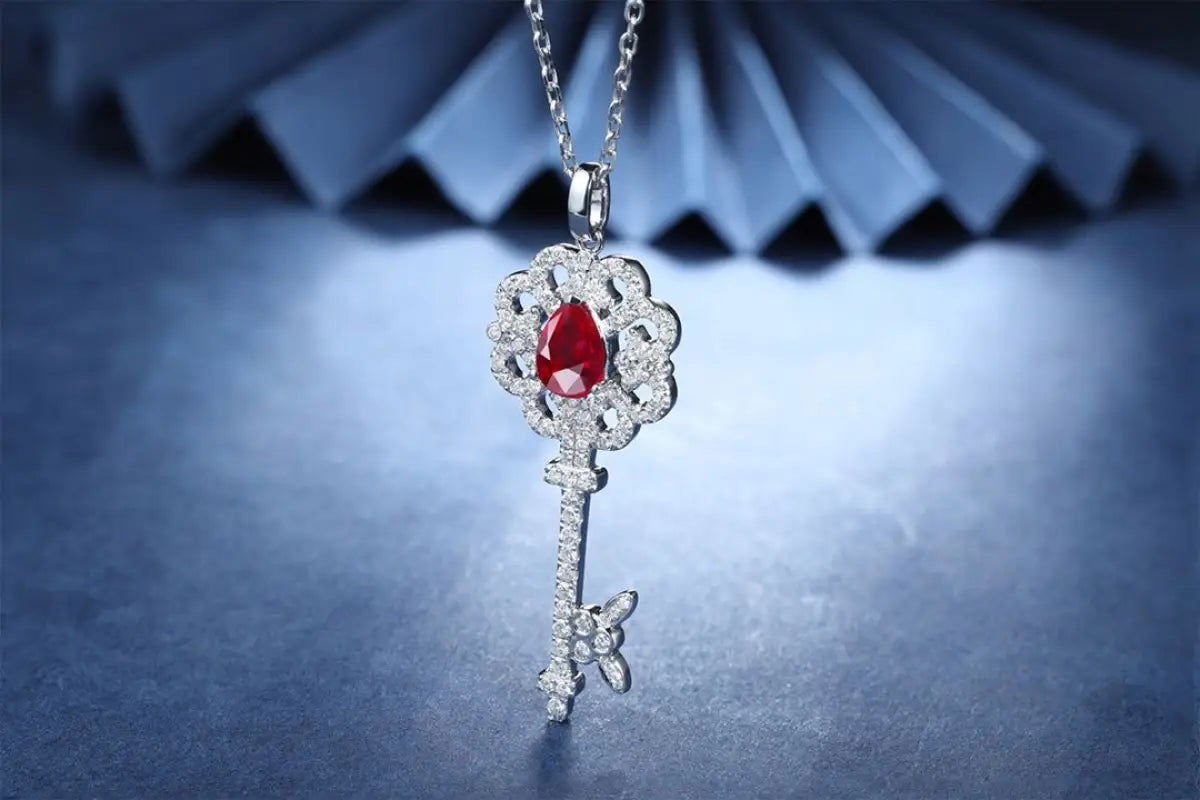 Pear Cut Lab Ruby Pave Key Pendant Necklace - LGG Jewelry