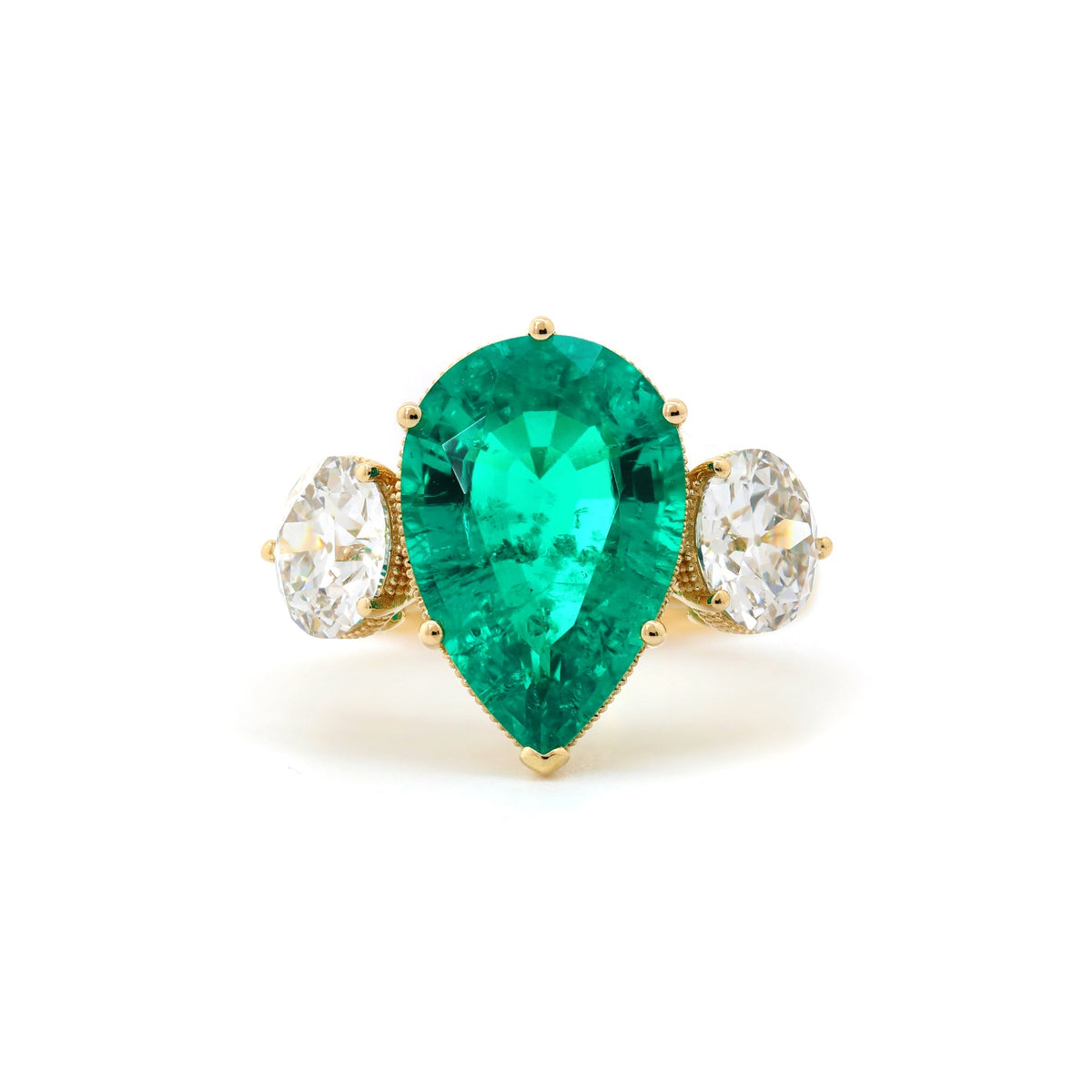 Pear Lab Emerald Three-Stone Engagement Ring with Old European-Cut Lab Diamond Side Stones - FIORESE JEWELRY