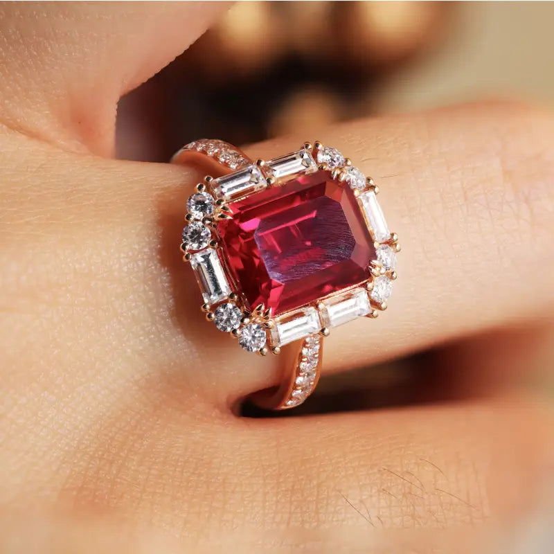 Pigeon Blood 3 Ct Emerald Cut Lab Ruby Engagement Pave Ring - LGG Jewelry