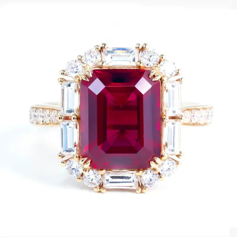 Pigeon Blood 3 Ct Emerald Cut Lab Ruby Engagement Pave Ring - LGG Jewelry