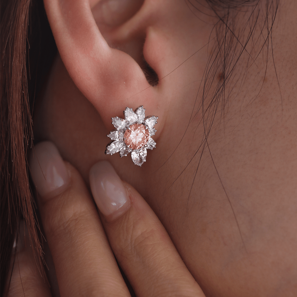 Platinum 2 ct tw Pink Round Cut Lab Dimaond Floral Nature - Inspired Stud Earrings - FIORESE JEWELRY