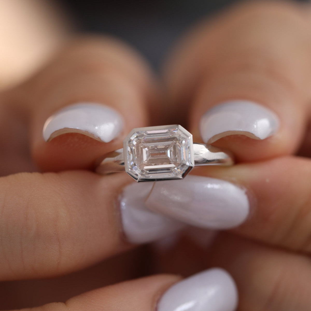 Platinum 3ct Antique Emerald Cut Lab Diamond Bezel Basket Solitaire Ring - FIORESE JEWELRY