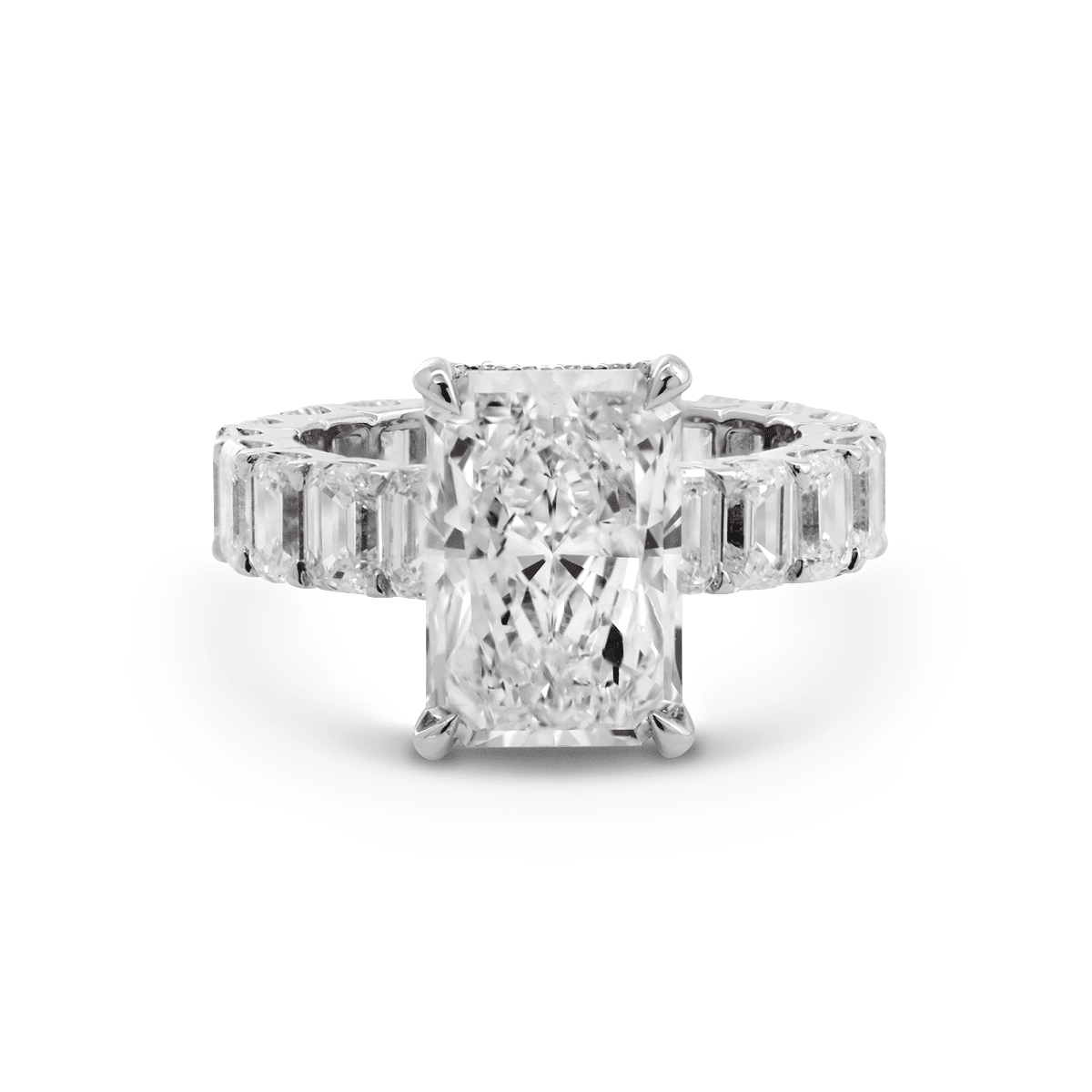 Platinum 4ct Radiant Cut Lab Diamond 4 Calw Prong Basket Ring with Round Lab Diamond Hiddden - Halo and Emerald Cut Lab Diamond Pave - FIORESE JEWELRY