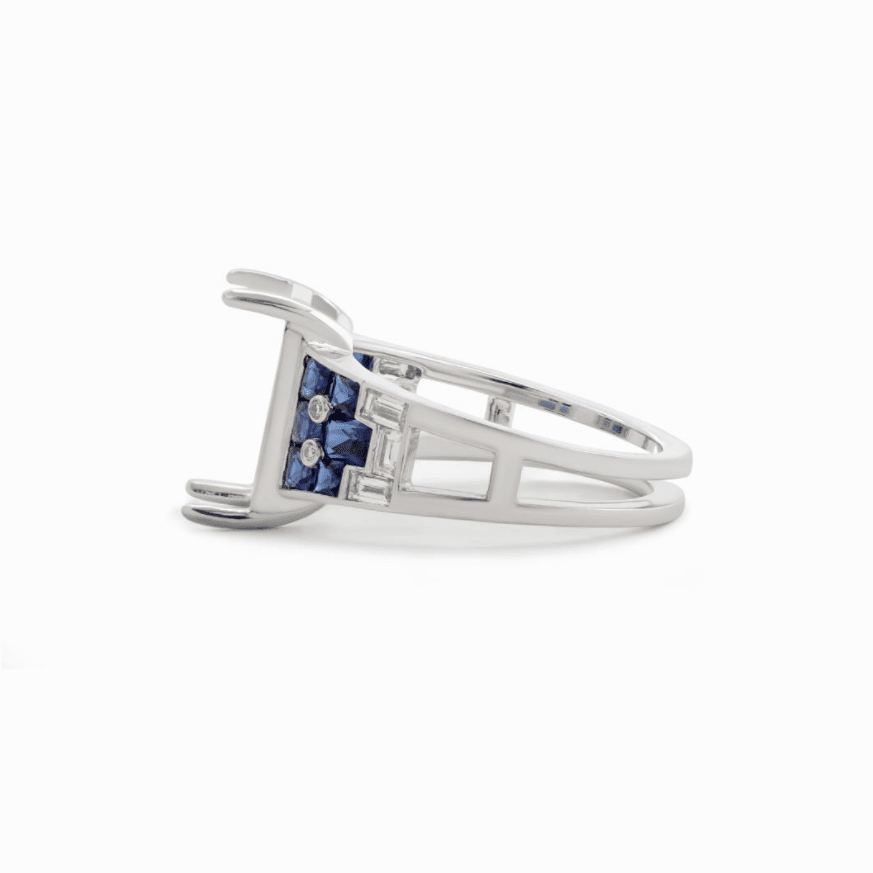 Platinum 5.5ct Emerald Cut Lab Diamond Vintage Ring with Lab Sapphire and Baguette Lab Diamond Side - Stones - FIORESE JEWELRY