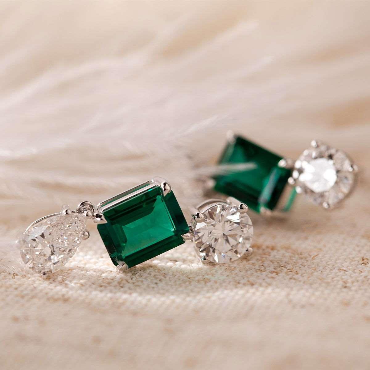 Platinum 7 ct tw Lab Zambian Emerald Round & Pear Lab Diamond Stud Earrings - FIORESE JEWELRY