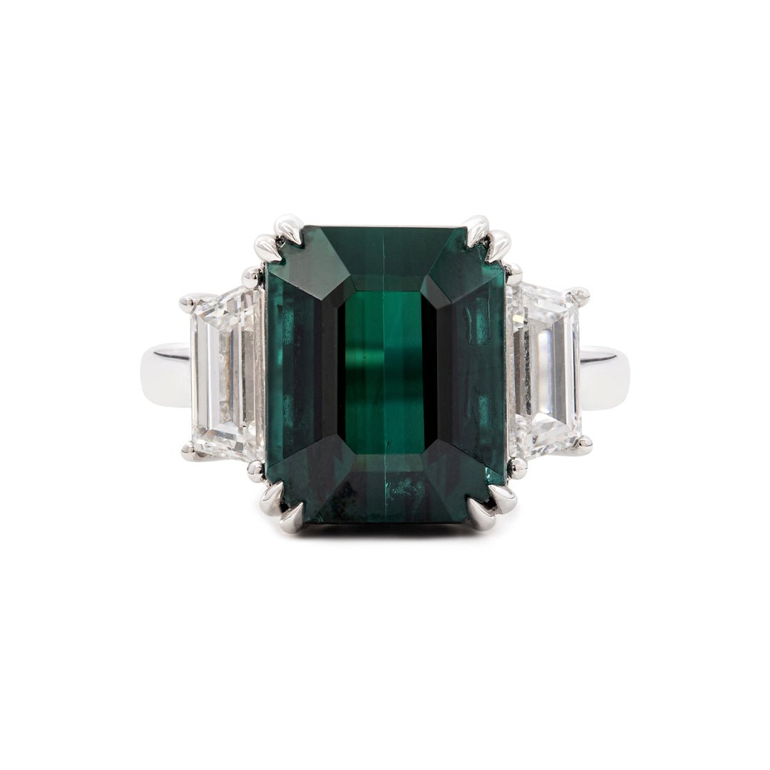 Platinum 9.4ct Verdelite Green Tourmaline Three - stone Ring with Step Cut Trapezoid Lab Diamond Side - stones - FIORESE JEWELRY