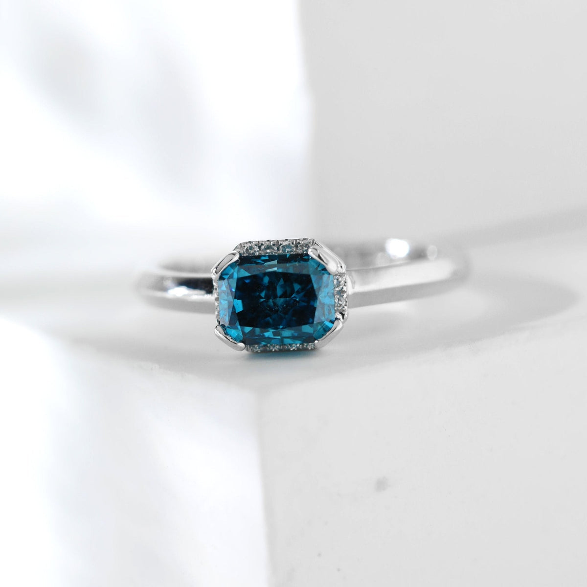 Platinum Radiant Cut Blue Lab Diamond Starlit Ocean Oath Ring with Round Lab Diamond Half Hidden Halo - FIORESE JEWELRY