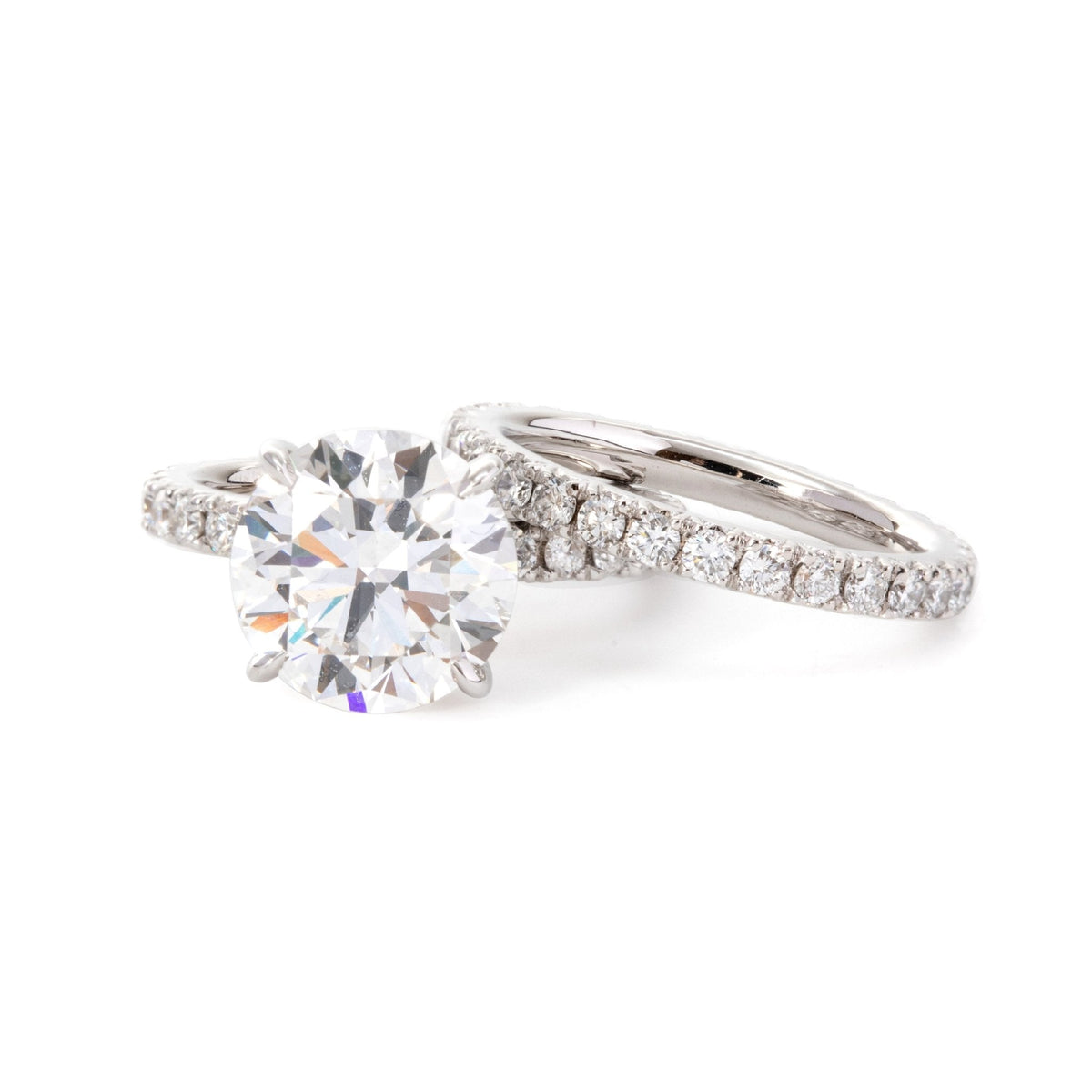 Round Brilliant Cut Lab Diamond 4 - Claw Hidden Halo Bridal Set – Engagement Ring with French Pavé Band - FIORESE JEWELRY