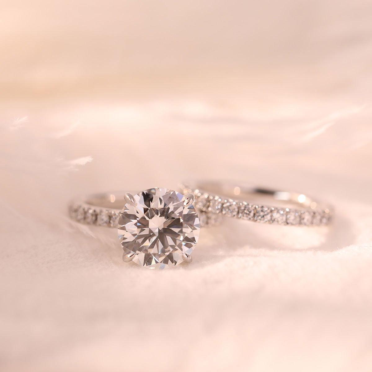 Round Brilliant Cut Lab Diamond 4 - Claw Hidden Halo Bridal Set – Engagement Ring with French Pavé Band - FIORESE JEWELRY