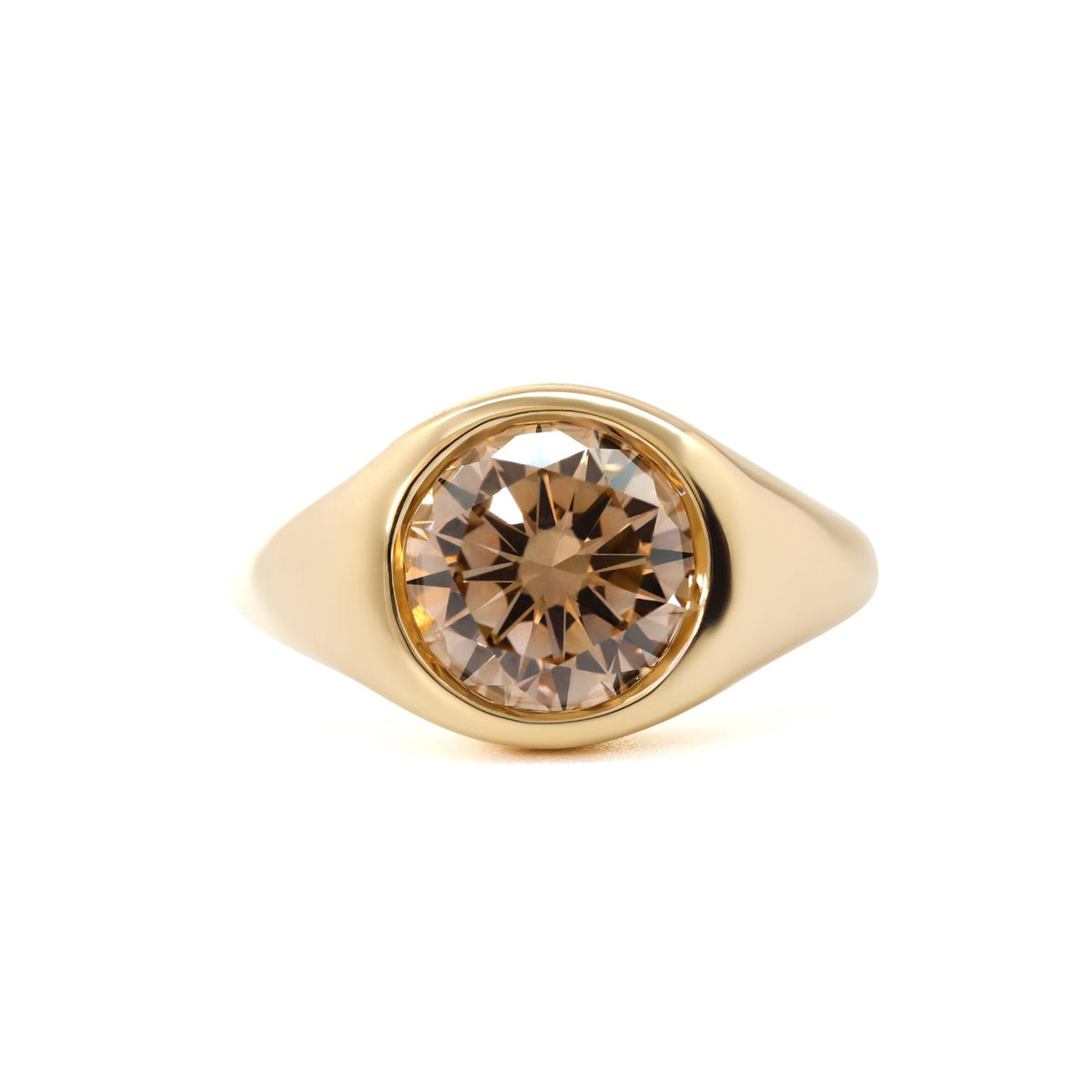 Round Brown Lab Diamond Solitaire Ring Inspired by Pantone 2025 "Mocha Mousse", with Bezel Setting and Tapered Band - FIORESE JEWELRY