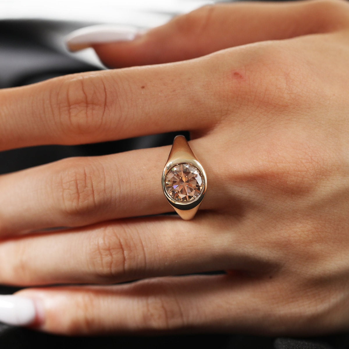 Round Brown Lab Diamond Solitaire Ring Inspired by Pantone 2025 "Mocha Mousse", with Bezel Setting and Tapered Band - FIORESE JEWELRY