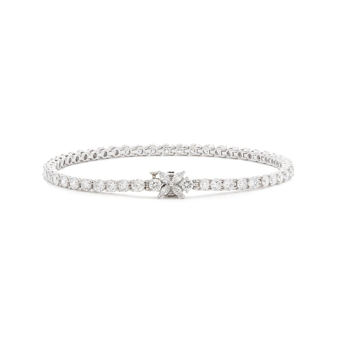 Round Cut Lab Diamond Three - Prong Basket Tennis Bracelet with Floral Marquise Diamond Box Clasp - FIORESE JEWELRY
