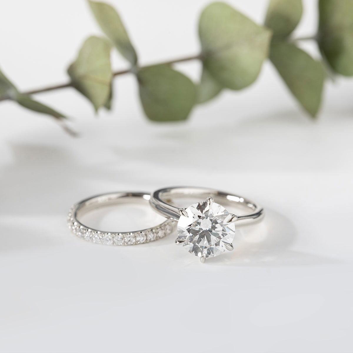 Round Lab Diamond 6 - Claw Tulip Cathedral Bridal Set — Engagement Ring with Half Eternity U - Shaped Pavé Band - FIORESE JEWELRY