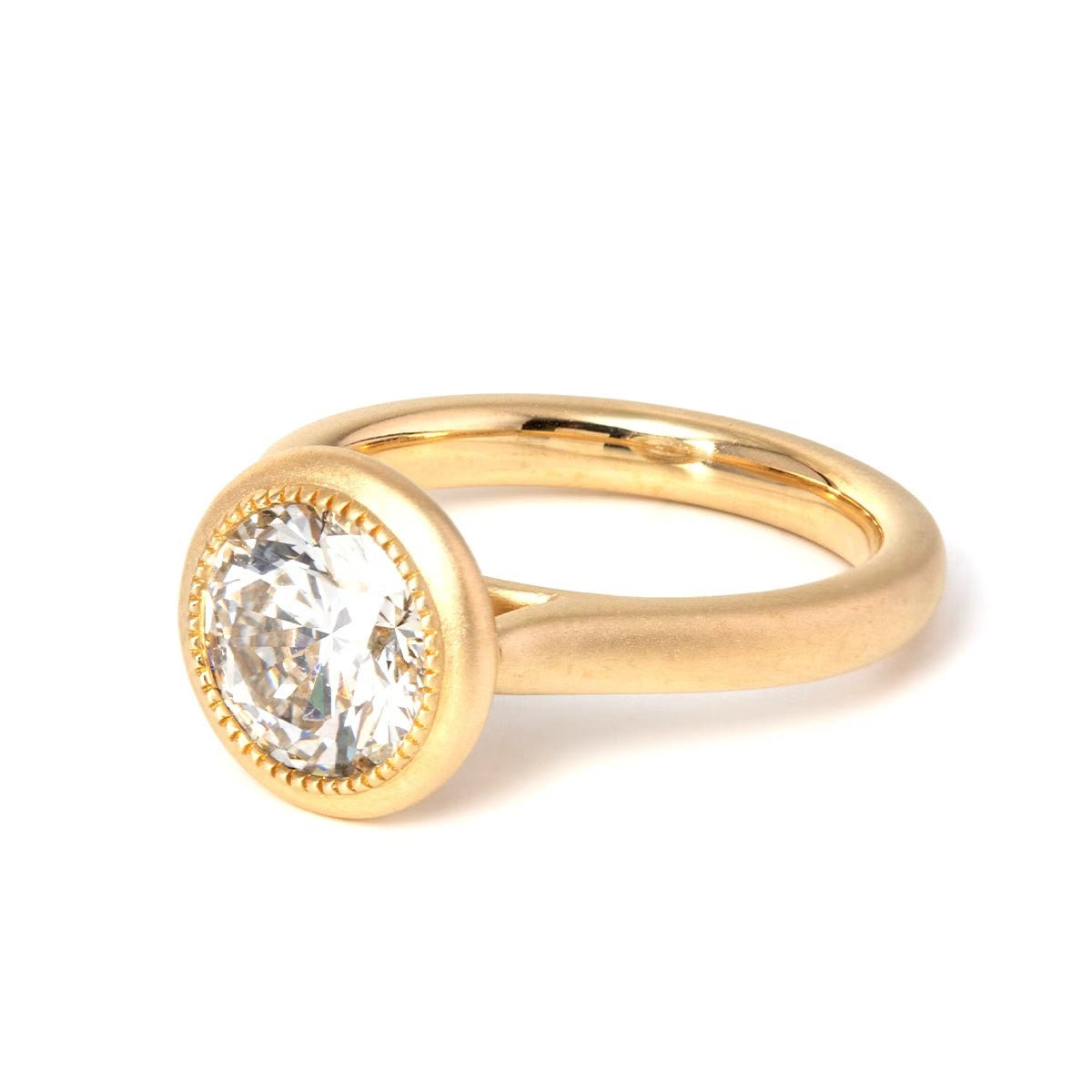 Round Lab Diamond Bezel Cathedral Bridal Set — Matte Engagement Ring with Twisted Matching Band - FIORESE JEWELRY