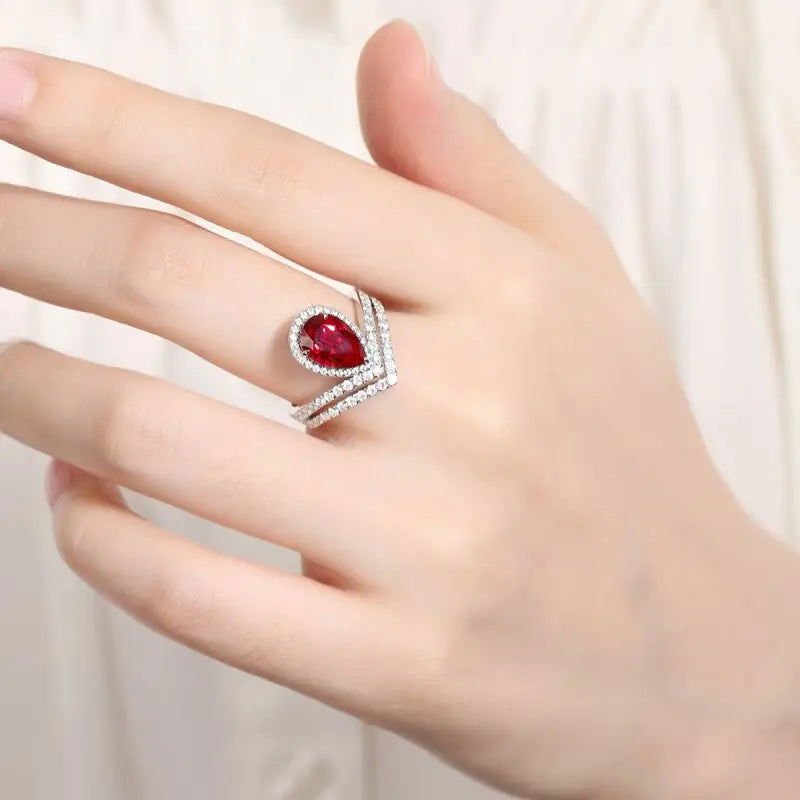 Split Shank Crown 2.7 Ct Pear Lab Ruby Half Pave Halo Engagement Ring - LGG Jewelry
