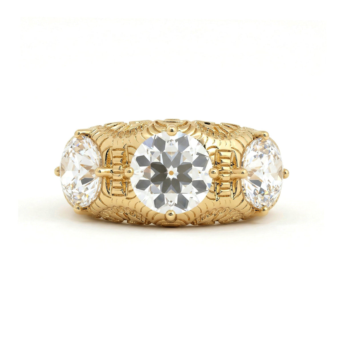 Vintage Style Hand - engraved Three Stone Old European Cut Lab Diamond Ring - FIORESE JEWELRY