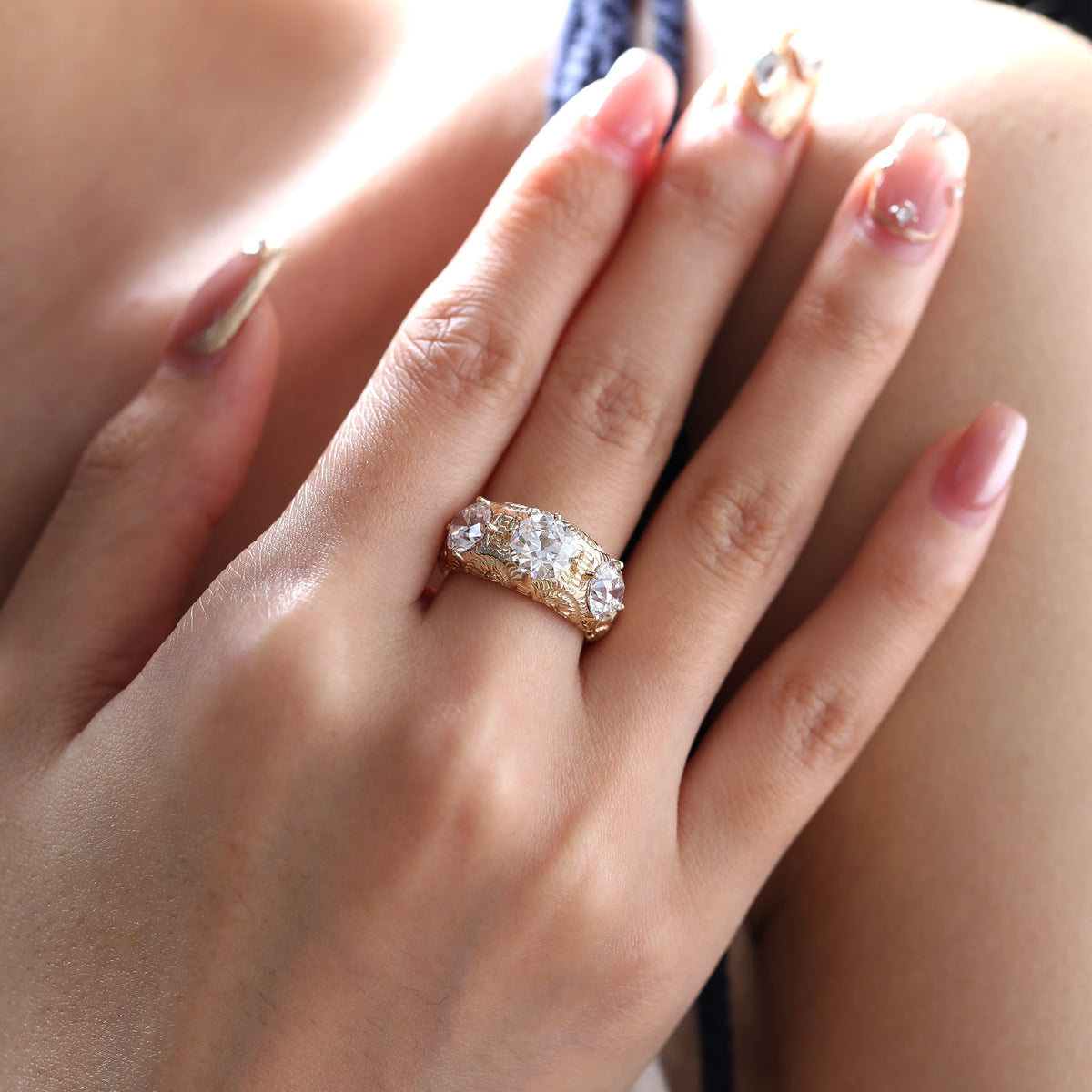 Vintage Style Hand - engraved Three Stone Old European Cut Lab Diamond Ring - FIORESE JEWELRY