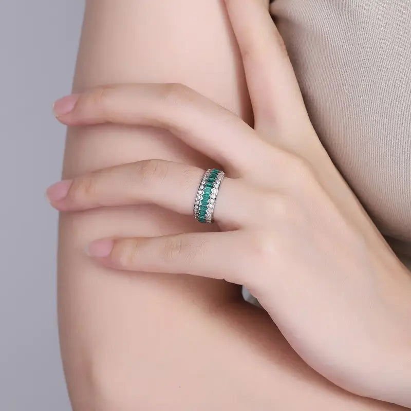 Wave Line Elongated Hexagon Zambia Green Emerald Channel Eternity Band - LGG Jewelry