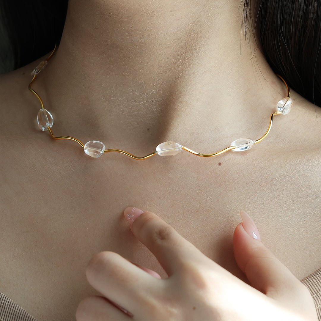 White Crystal Bead Wave Necklace - LGG Jewelry